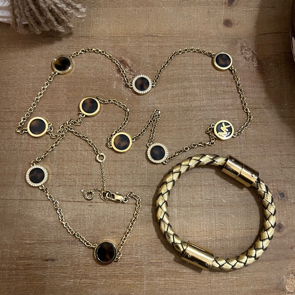 Michael Kors Lot Tortoise Shell Necklace, Braided Gold Leather Bracelet